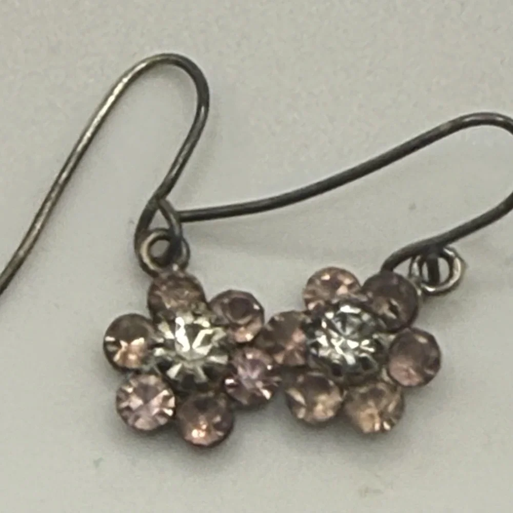 Vintage Rhinestone Earrings Two Pairs‎ Pierced Dangle Clear Pink Flower